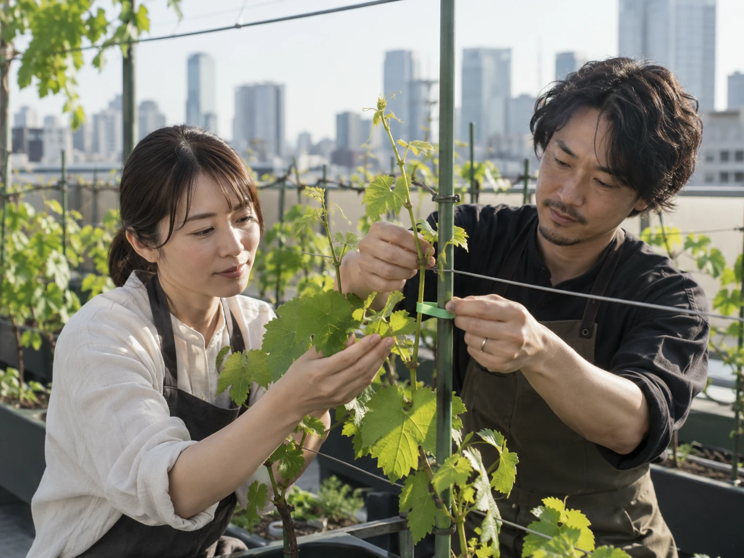 屋上の鉢に植えられたぶどうの苗木