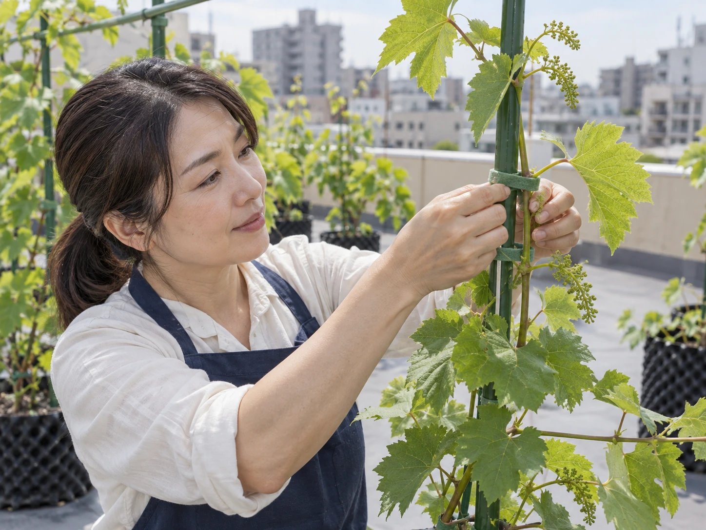 ぶどうの枝を誘引する栽培作業
