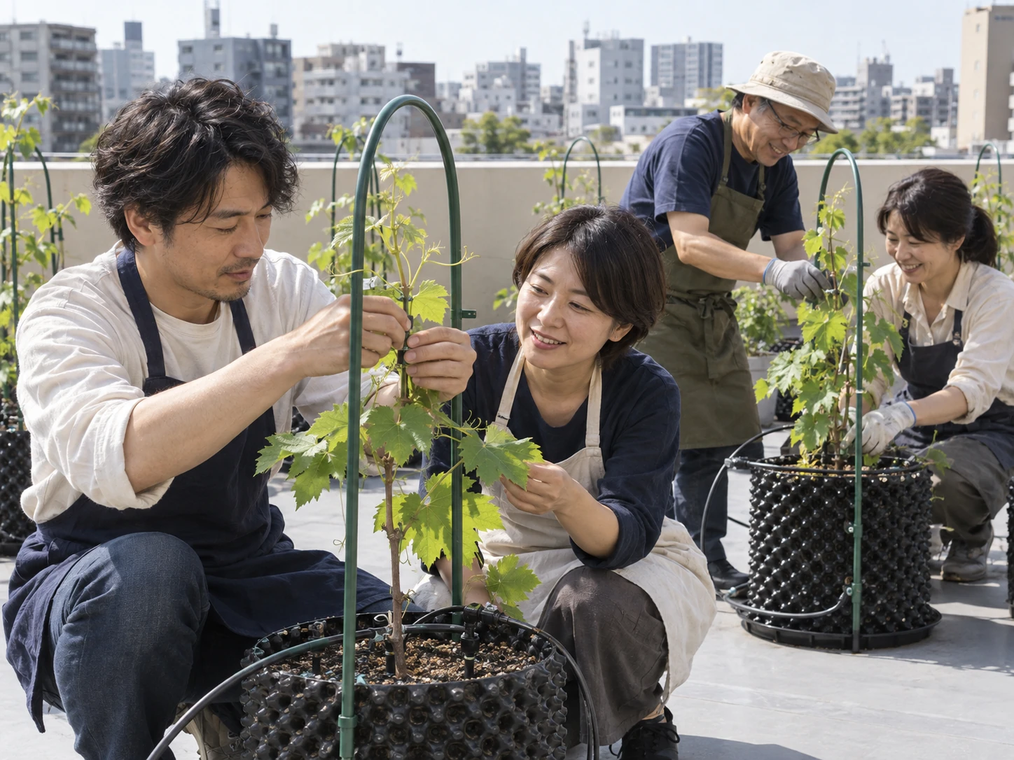屋上のぶどう畑で栽培作業をするオーナーたち