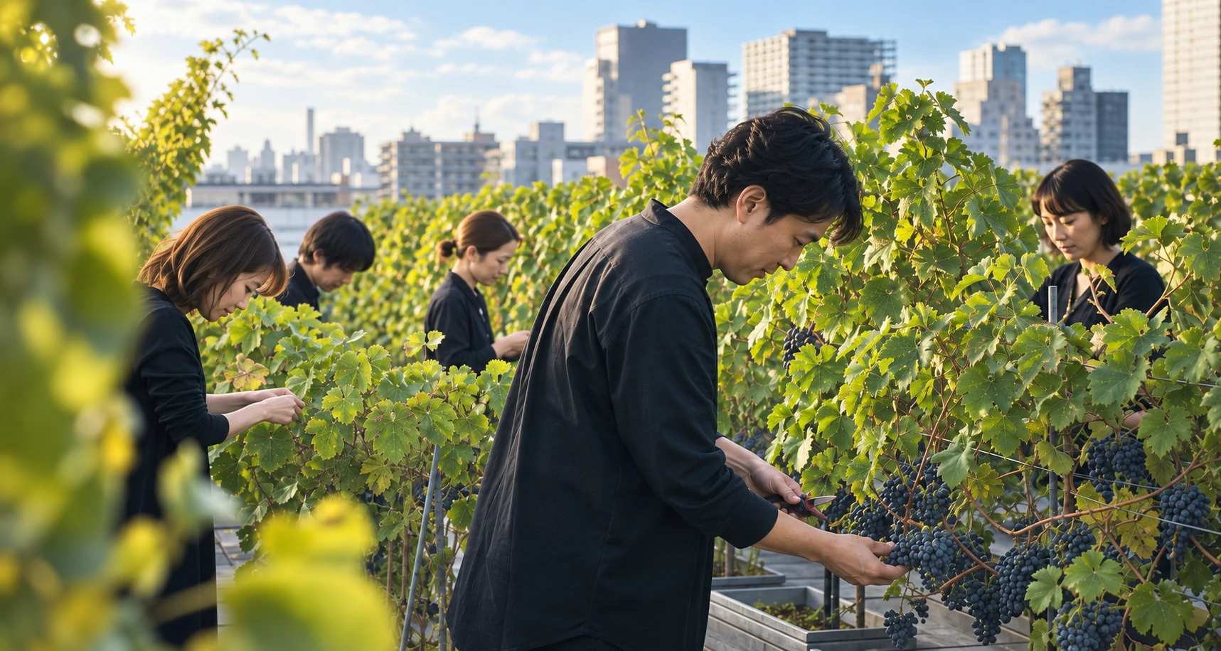 屋上で育つワイン用ぶどう